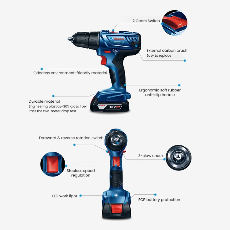 Bosch GSR 180-LI Cordless Electric Screwdriver Drill 18V Li-ion Battery Electric Drill with 2 2.0Ah Batteries 1 Charger