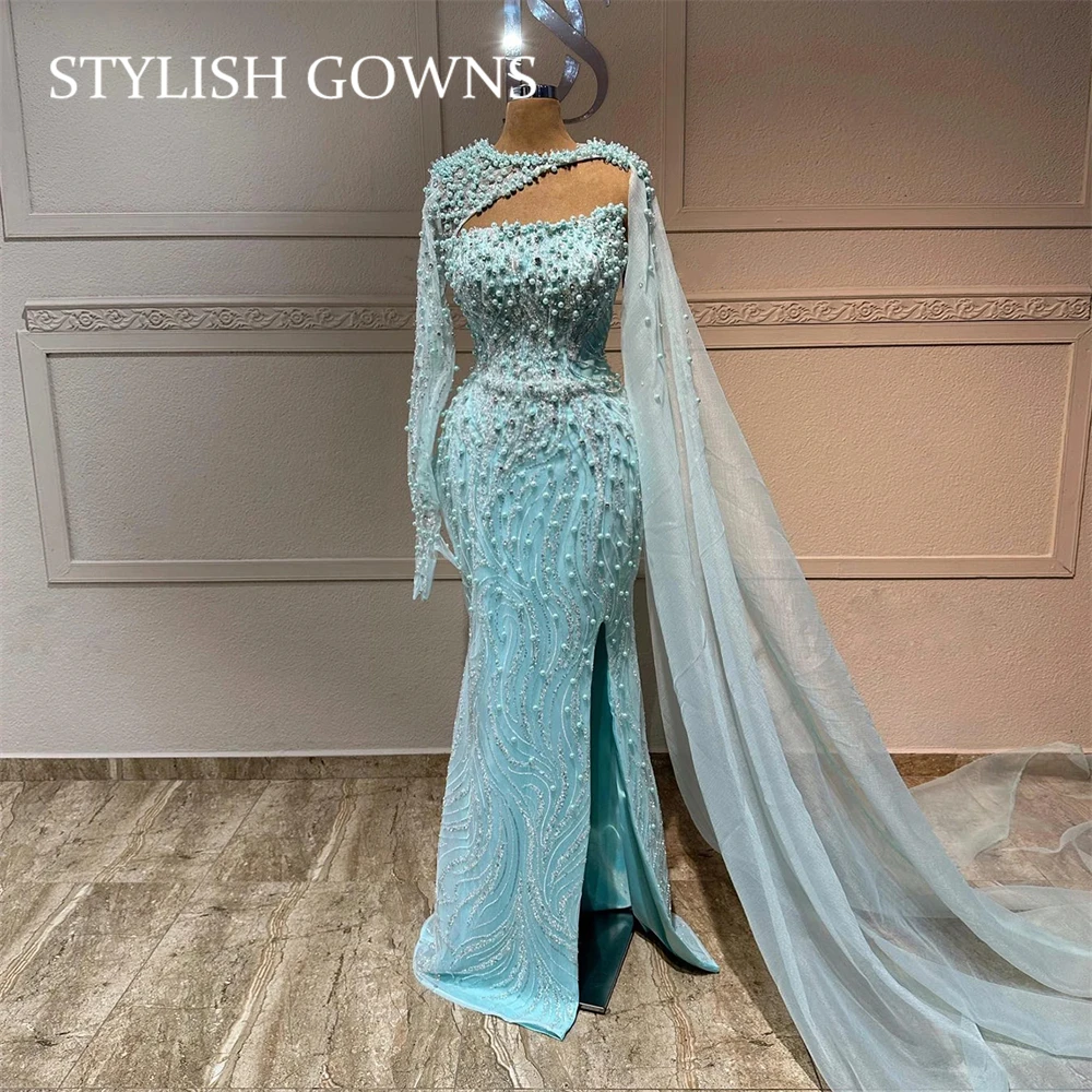 

Blue Pearls Muslim Evening Dresses Sequin Dress Women Elegant Party Long Sleeve O Neck Formal Gown Customized