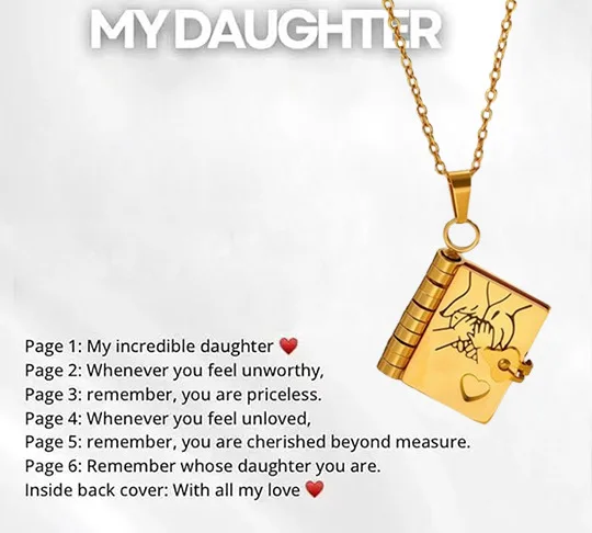 Gold Book Locket Necklace for Daughter Engraved Message Book Pendant Necklace Waterproof Stainless Steel Gift Jewelry for Women - view 2
