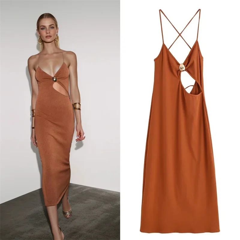 Damenkleider, neuer Sommer, kastanienbraune Hosenträger, Ausschnittkleid, Goldbesatz, sexy, offener Rücken, stilvolle Persönlichkeit