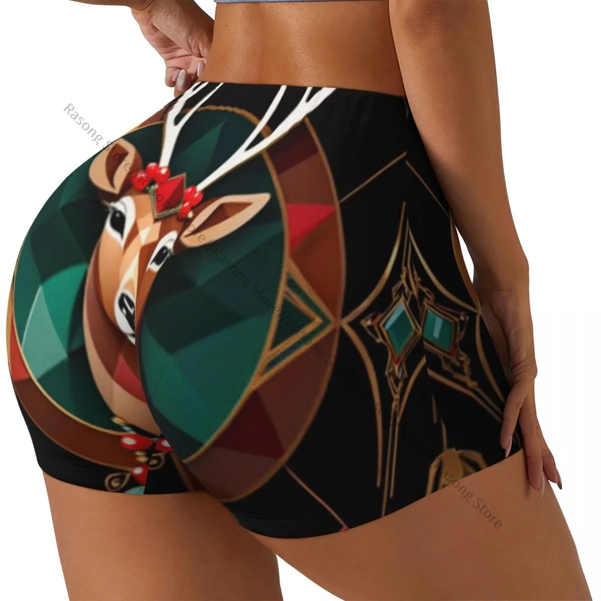 Sexy tight hip sports shorts Christmas Reindeer Traditional Vintage Art fitness women's comfortable yoga shorts