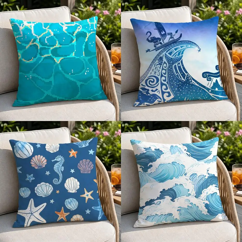 Element-Light blue ocean rippleS Cushion Cover Soft Square Throw Pillow Covers Set for Sofa Bedroom Car Home Decoration