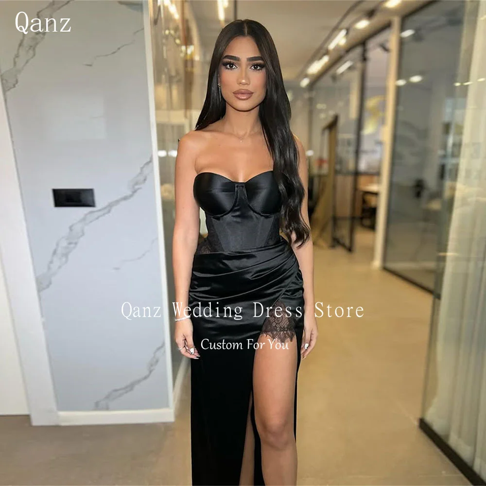 

Qanz Black Satin Prom Dresses Sweetheart Lace Mermaid Formal Evening Dress Women High Leg Slit Sexy Robe De Soirée Customized