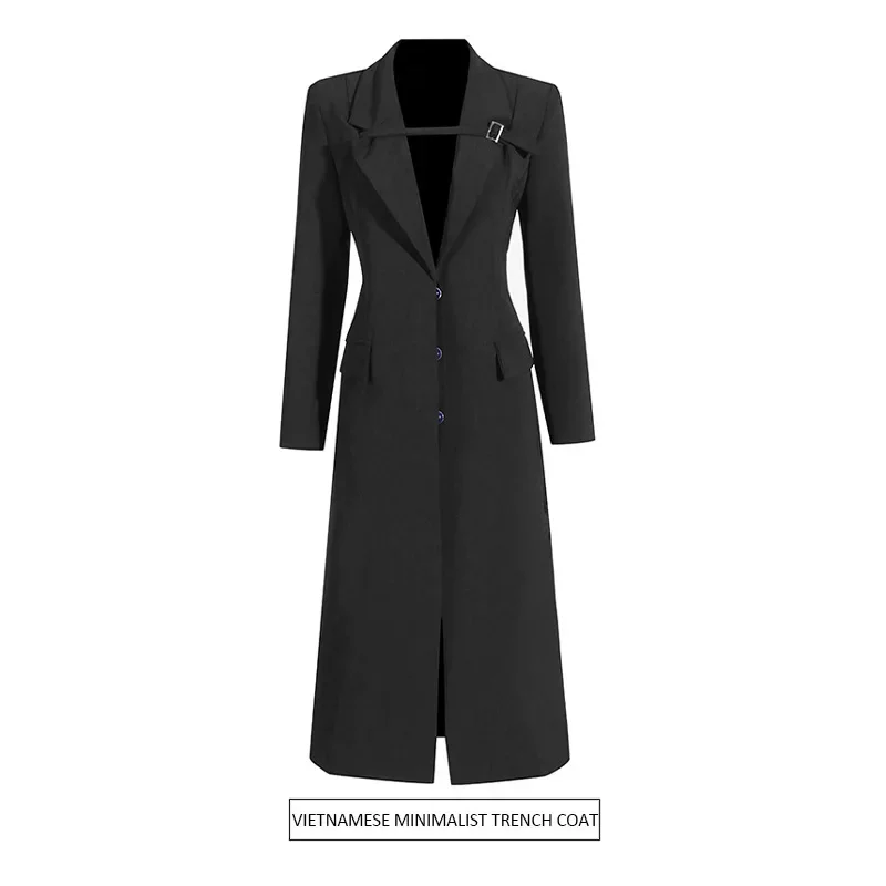 Slim Fit Windbreaker 2024 Autumn New Style Temperament Commuter Buttoned Black Long Suit Jacket Trench Coat for Women