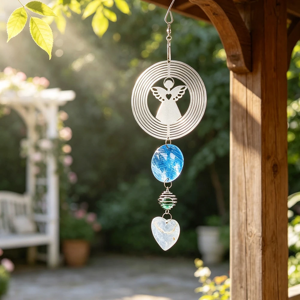 Engel-Metall-Windspinner mit Glaskugel, Naturmuschel und Herzanhänger für Fenster, Garten, Terrasse, Balkon, Hängedekoration, Heimdekoration, Gedenkgeschenk – Detail 2