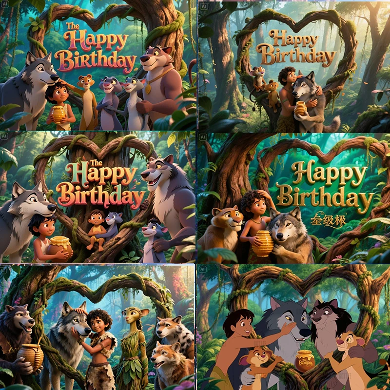 Fondo de retrato Final de libro de la selva de Disney, Mowgli Baloo Bagheera Kaa, cartel de fotografía, decoración de vinilo, póster personalizado
