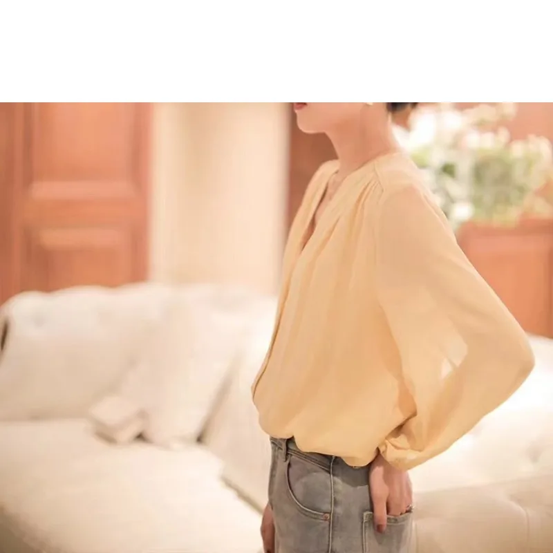 Women's Spring Autumn V-Neck Button Lantern Long Sleeve Cardigan Solid Chiffon Shirt Casual Elegant Loose Vacation Lolita Tops