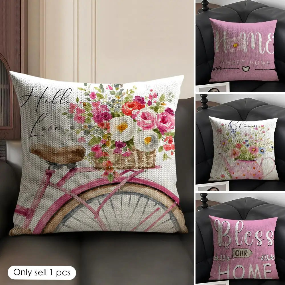 Pastel Bike Floral Home Script Cushion Cover Natural Linen Organic Fabric Double-Sided Printing Breathable Gift For Decor