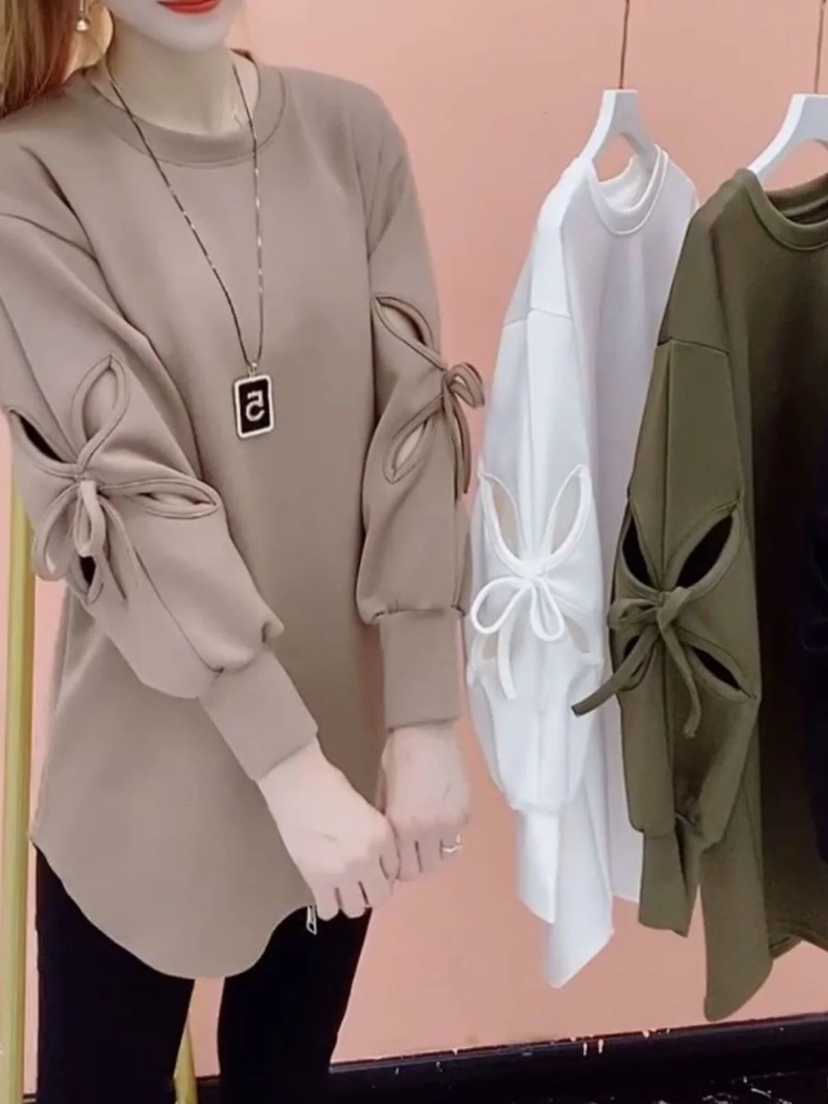 

Women's Thin Sweatshirt Early Autumn Medium Length Design round Neck Overhead Top Korean Style Commute Pure Color Long Sleeve