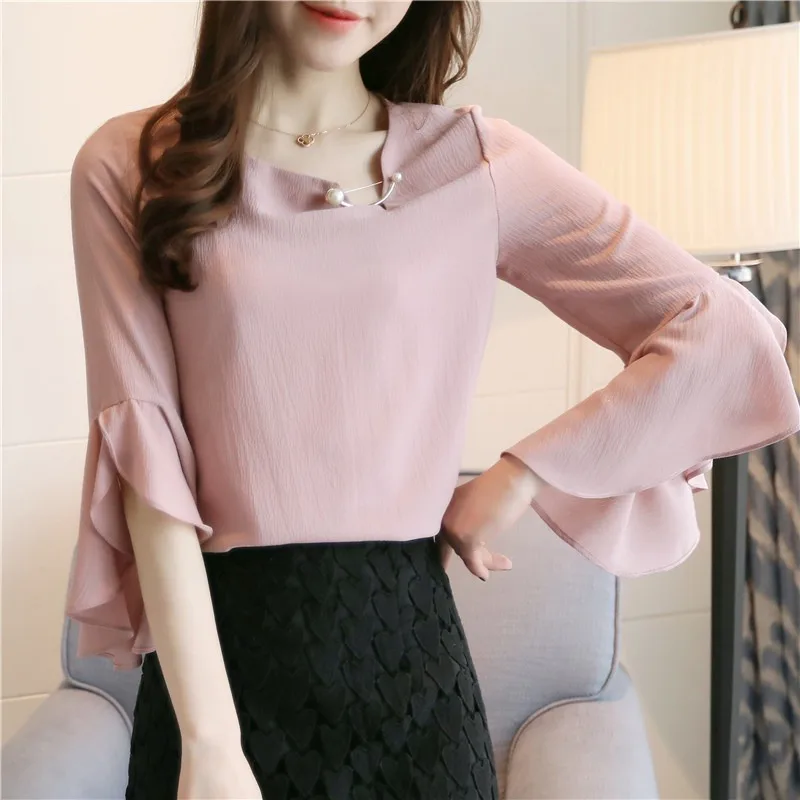 Women Chiffon Ruffles Blouse Flare Sleeve Shirt Women Round Neck Casual Womens Summer Tops And Blouses