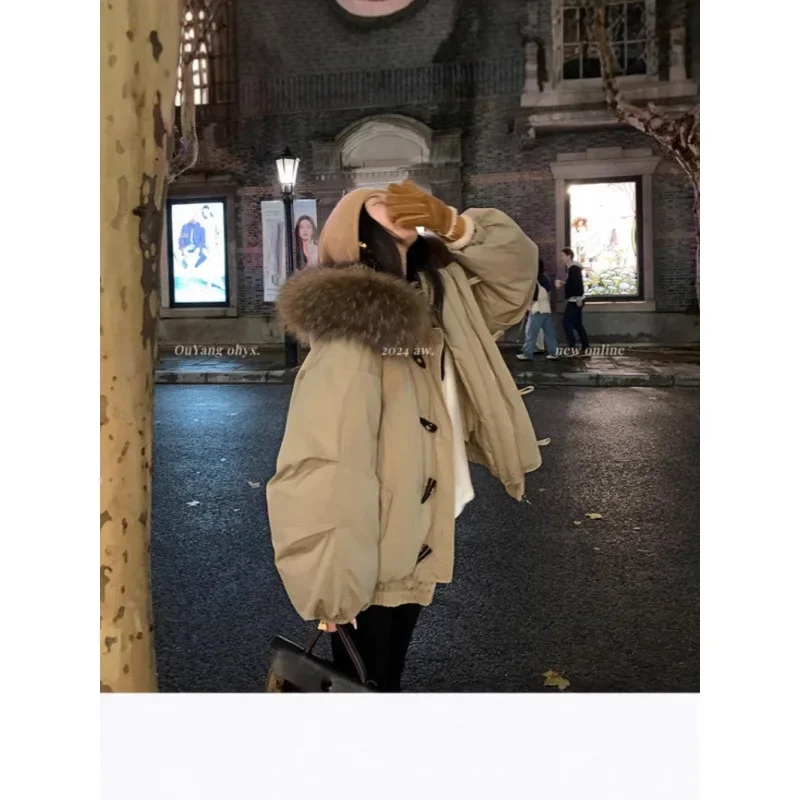 

Style Long Sleeve Women ClothingNew Winter Hooded Loose Women Thickened Cotton Jacket Fur Collar Horn Buttons