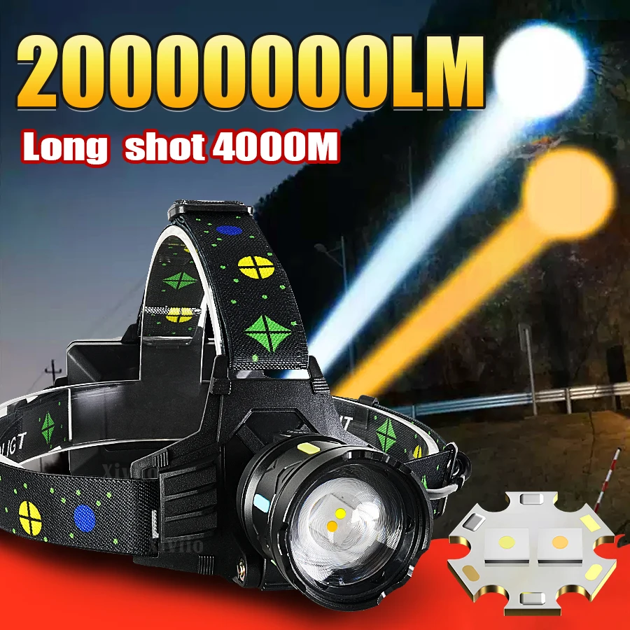 

20000000LM перезаряжаемая светодиодная фара белого + желтого света супер яркий налобный фонарь для рыбалки IPX6 водонепроницаемые уличные фонари для кемпинга