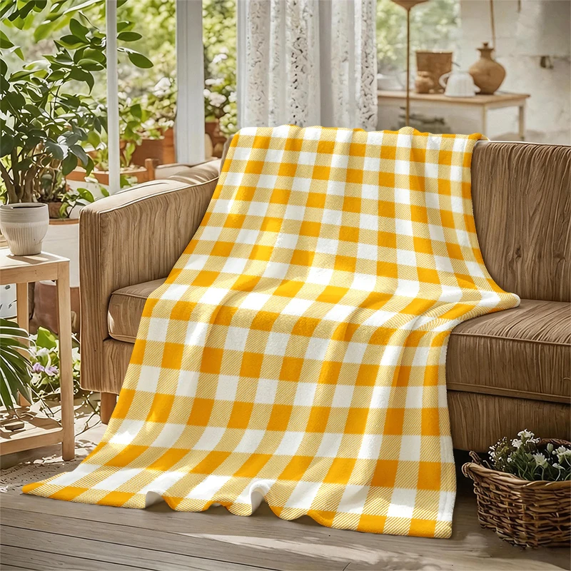 Orange Yellow Checkered Ultra-Soft Fluffy Flannel Blanket Super Cozy Lightweight Bed Blanket for Halloween Sofa Bed Christmas