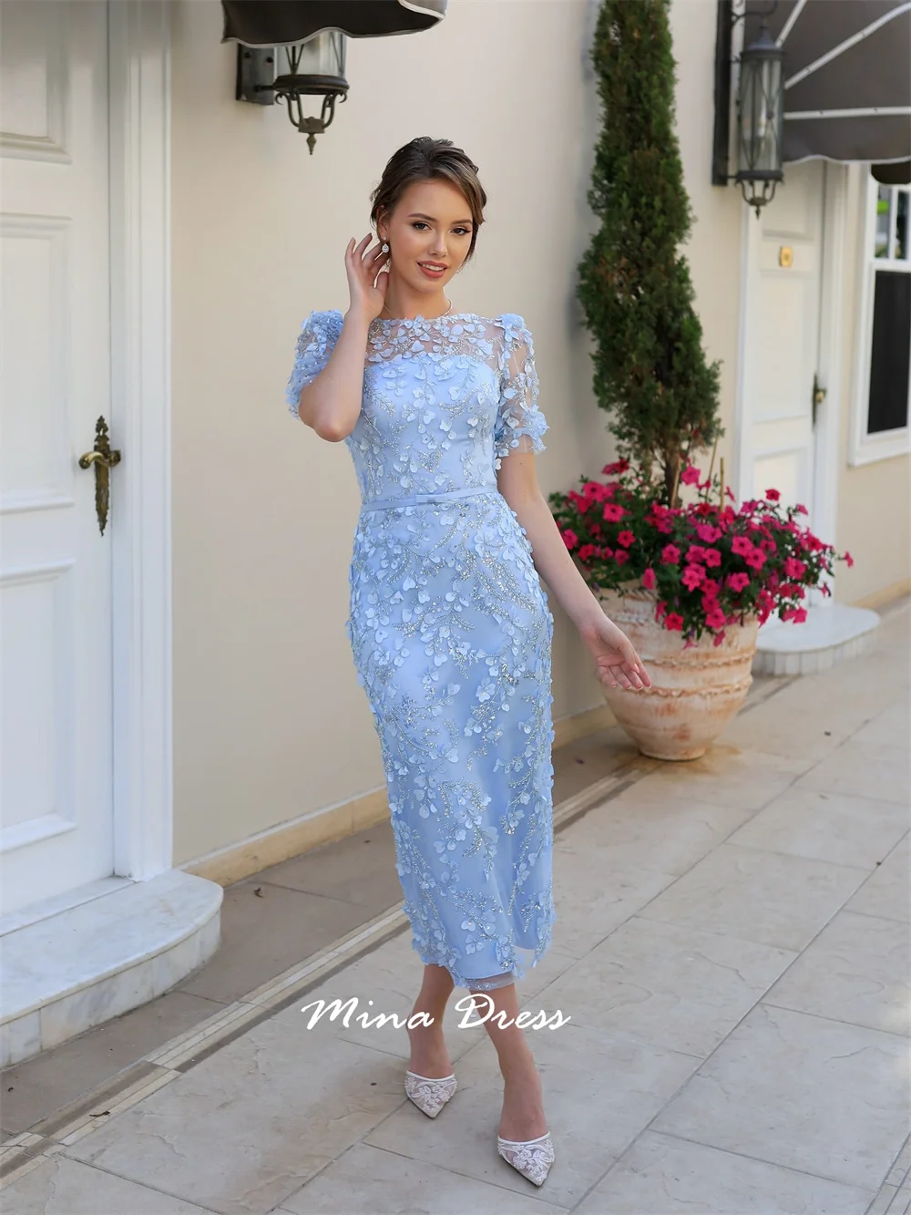 Mina Pleated 3D Decals Prom Dresses Luxury Party Dress Beads Luxurious Women's Evening Dresses Women Elegant Short Sleeve Woman