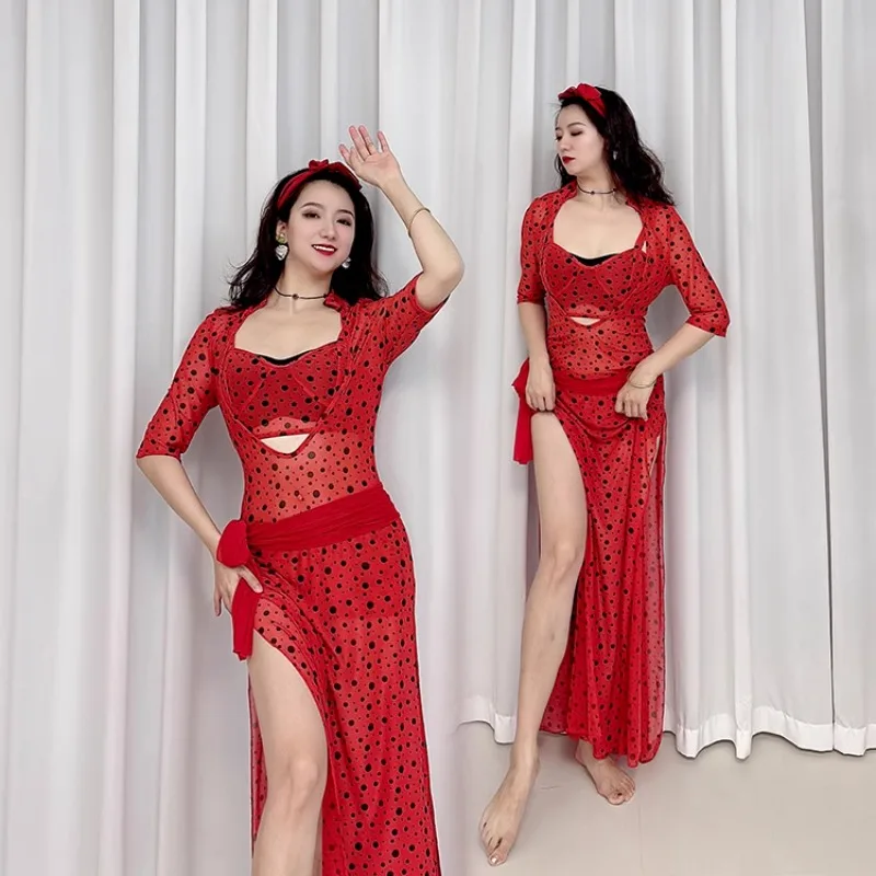 customized belly dance costume practice outfit baladi folk style robe red polka dot five piece set mesh practice plus size 3pcs