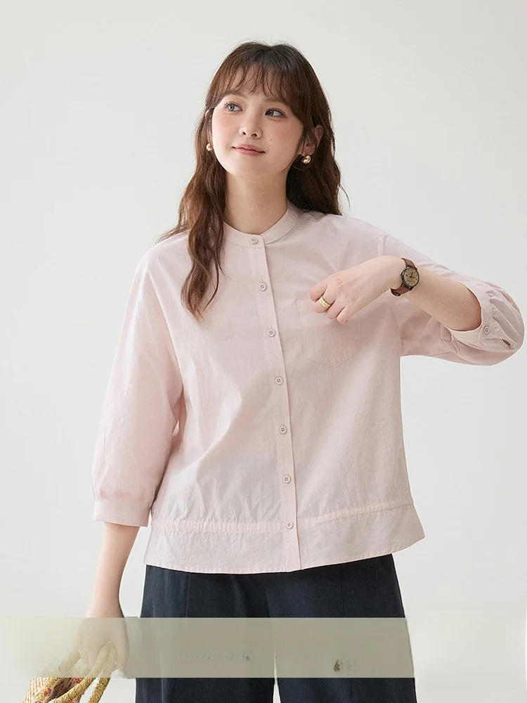 

AMUU Original Pink Pure Cotton 7/8 Sve round Ne irt Women's Single Button Summer New Sle Comfortable Breathable Kore...