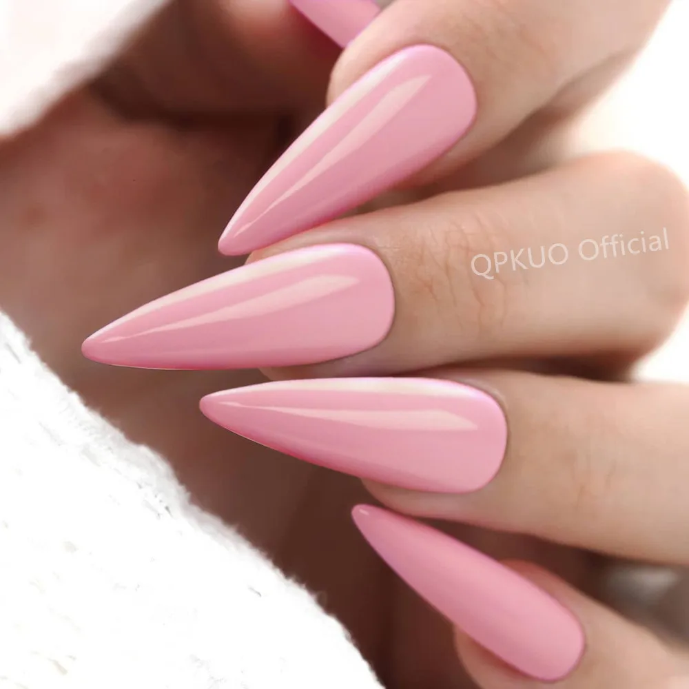 24Pcs Shiny Dim Pink Long Stiletto Fake Nail Artificial False Nails With Jelly Glue DIY Full Cover Finger Tips Manicure Tool