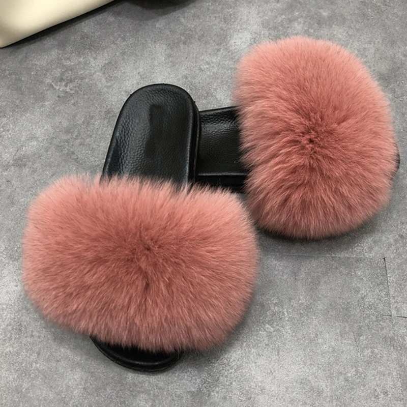 Fluffy Sliders Real fox Fur Slippers Women Home Comfort Furry Summer Flats Sweet Ladies Shoes Female Furry Indoor Flip Flops