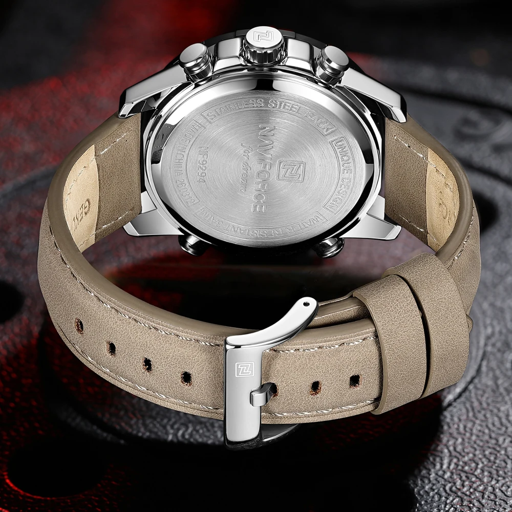 NAVIFORCE Top Brand Men Wrist Watch Green Leather Band High Quality Quartz Watches Sports Waterproof Digital Multifunction Clock