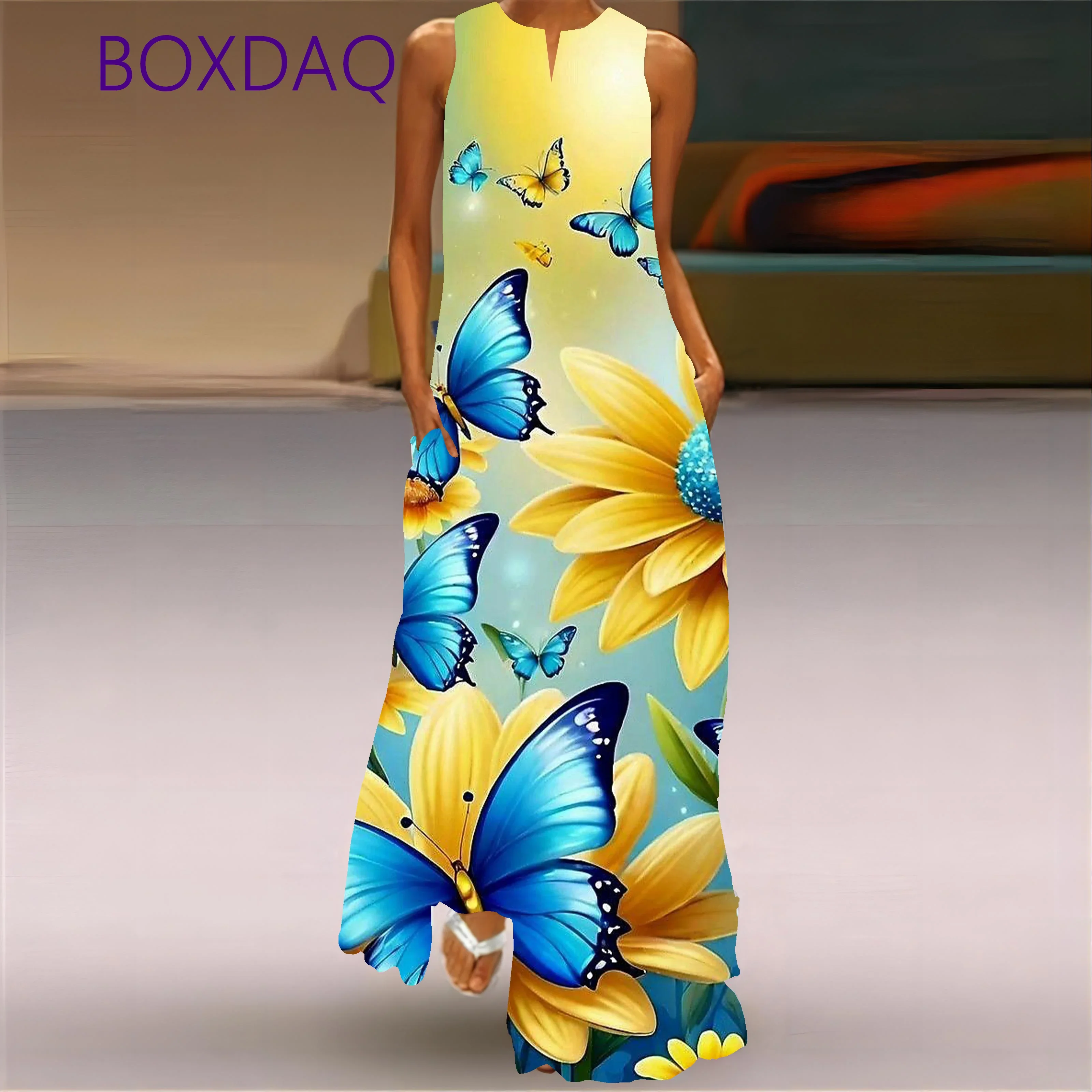 Large Size 3XL Women Long Dress Summer Vintage 3D Butterfly Printed Maxi Dresses For Women Sleeveless V-neck Loose Casual Robe