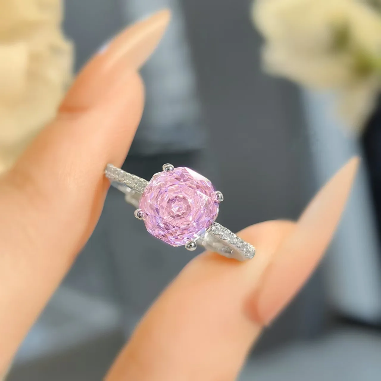 Anillo Solitario de Morganita Rosa con Corte Octogonal de 2 Quilates y Circonita Cúbica Rosa, Joyería de Plata de Ley 925, Anillos de Piedras Preciosas, Regalo para Mujer