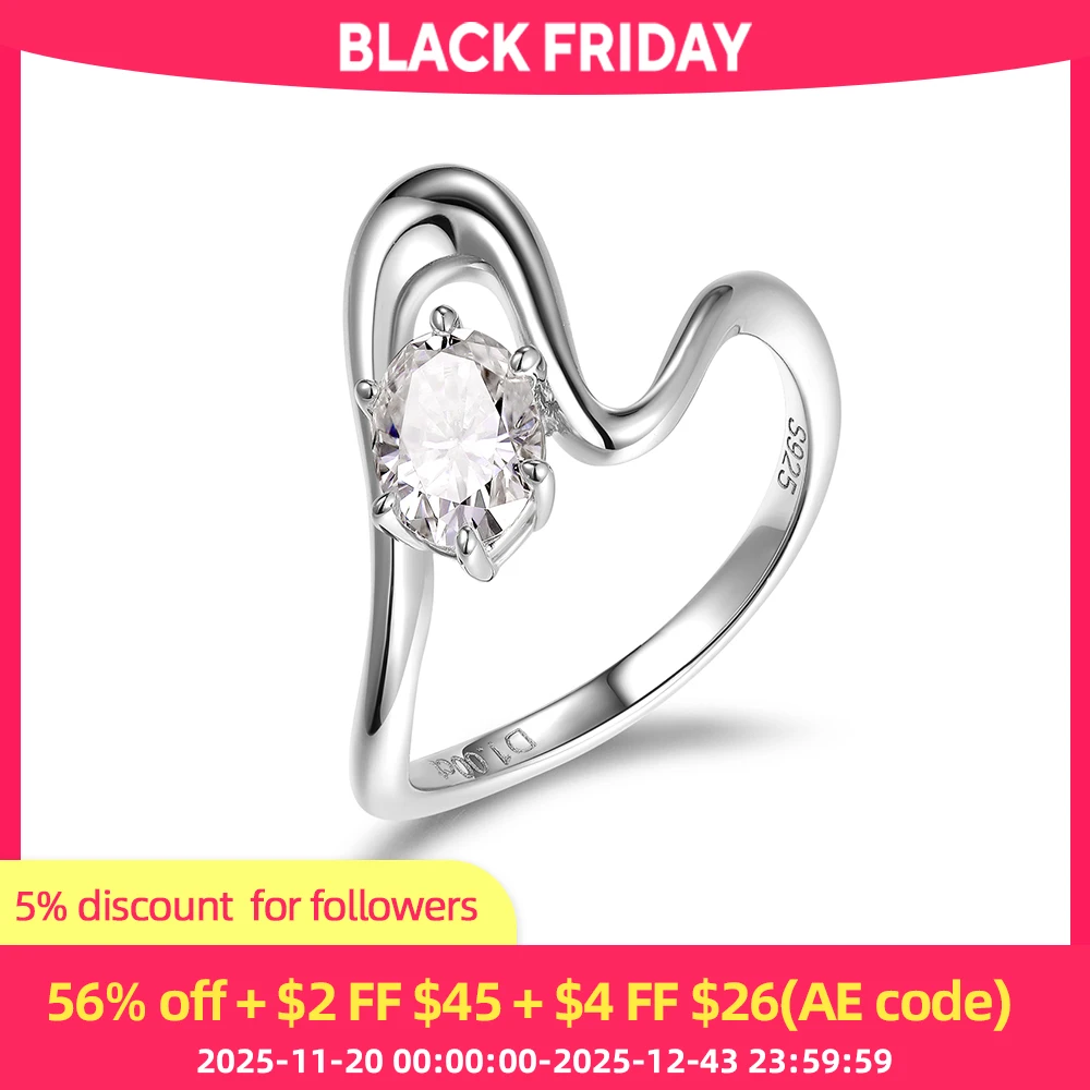 

ANDH 1ct Oval Moissanite Irregular Wavy Ring VVS1 925 Sterling Silver 18K Gold Platedfor for Women Dating Party Fashion Rings