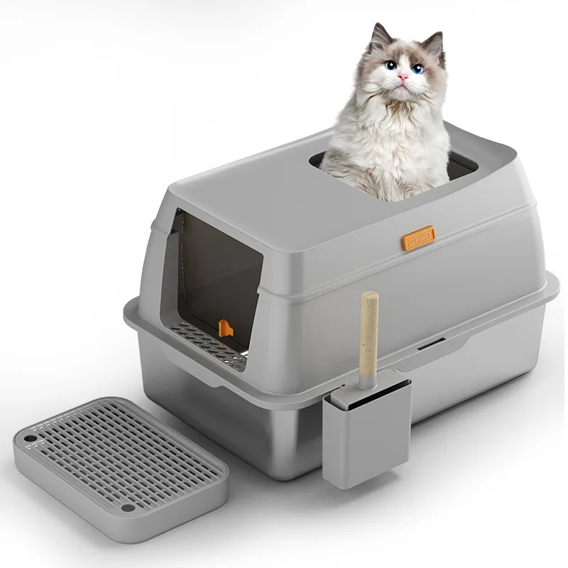 Stainless Steel Litter Box with Lid,Front Entry Top Exit cat Litter Box,Large Enclosed Metal Litters Box with Litter Scoop