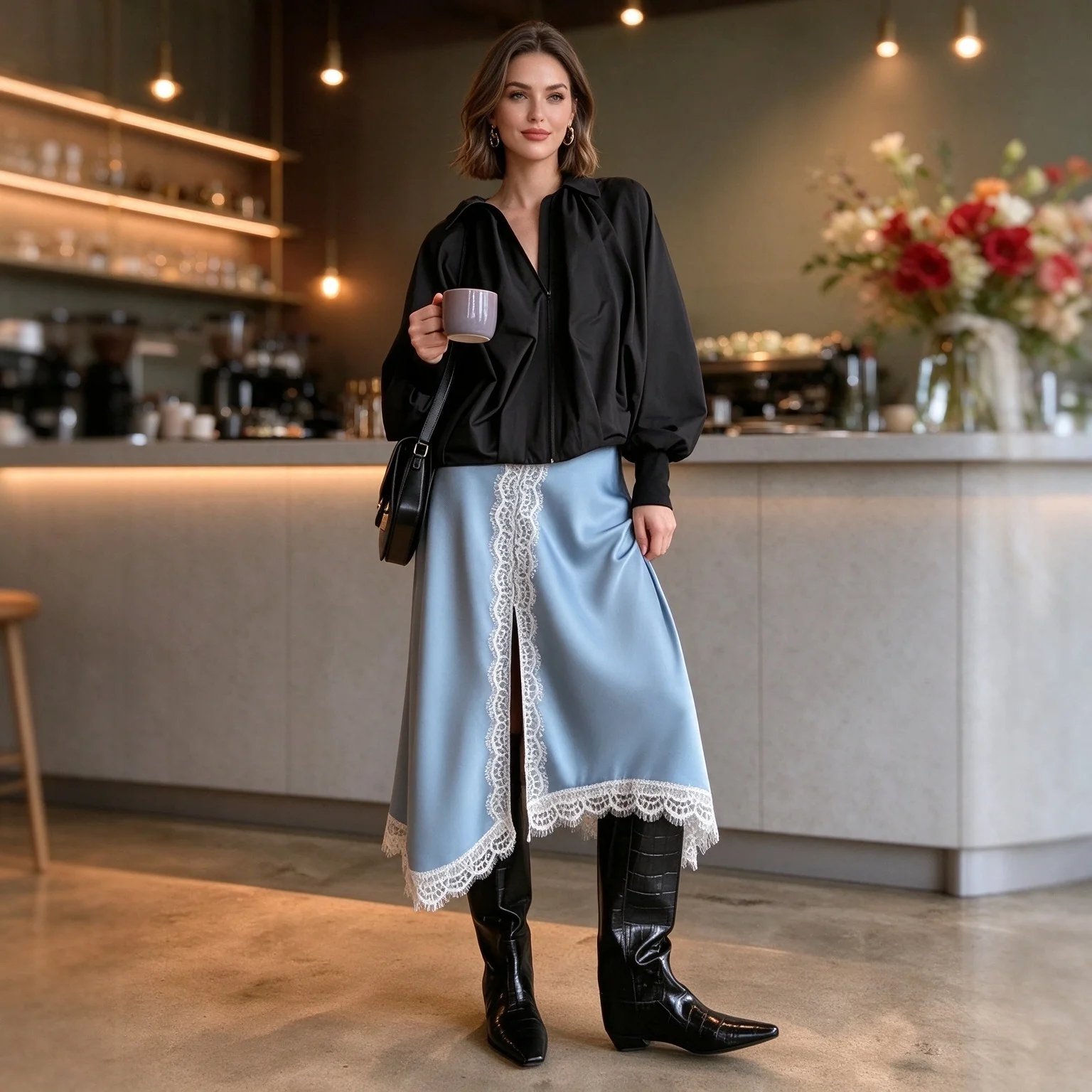 Women Light Blue Satin Midi Skirt White Lace Trim High Waist Front Slit Asymmetrical Hem Elegant Skirt for Daily Office Cafe Dat