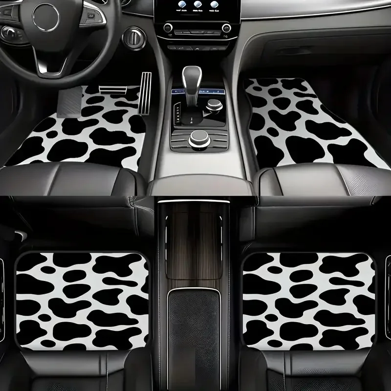 Set Of 4 Cow Print Car Mats Designed To Prevent Slipping – Made From Synthetic Rubber, These Universal Additions Are Easy To Cle