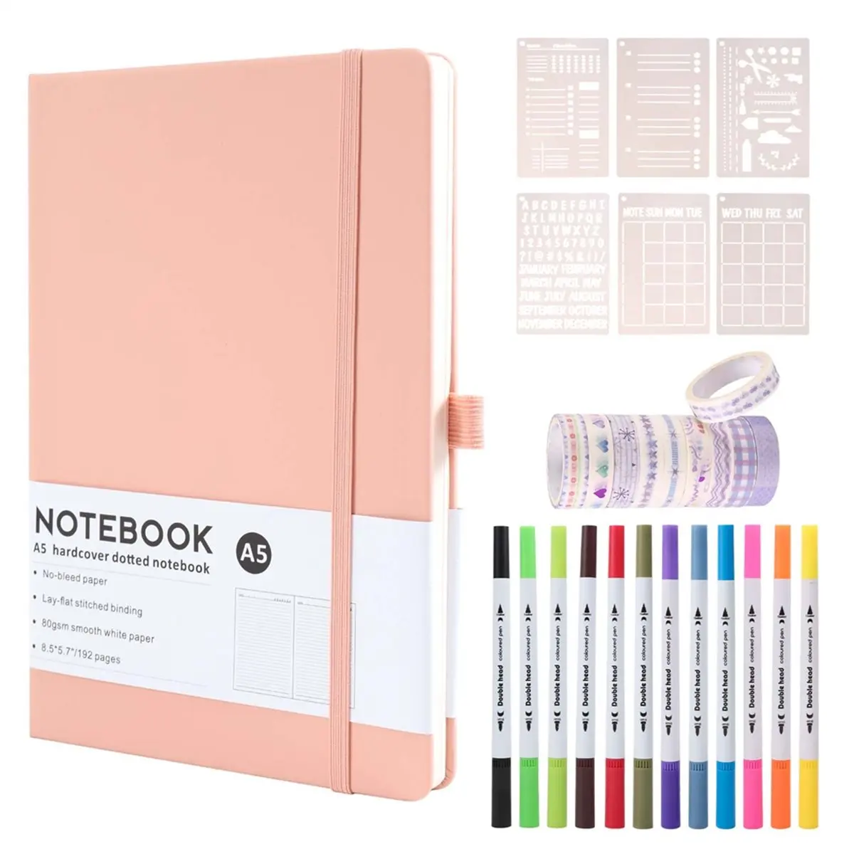 A75k Dotted Journal Kit,A5 Hardcover Dotted Journal Notebook Numbered Pages,Dotted Journaling Kit for Beginner Pink