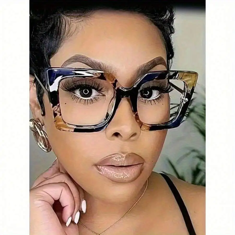 Unisex Large Square Cat Eye Full Frame Decorative Glasses Blue Transparent Brown view 4