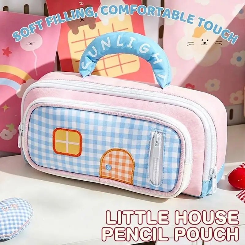 Niedliches kleines Haus-Gingham-Federmäppchen mit großer Kapazität und verstärktem Griff für den täglichen Gebrauch von Schülern und Kindern in der Schule. – Detail 16