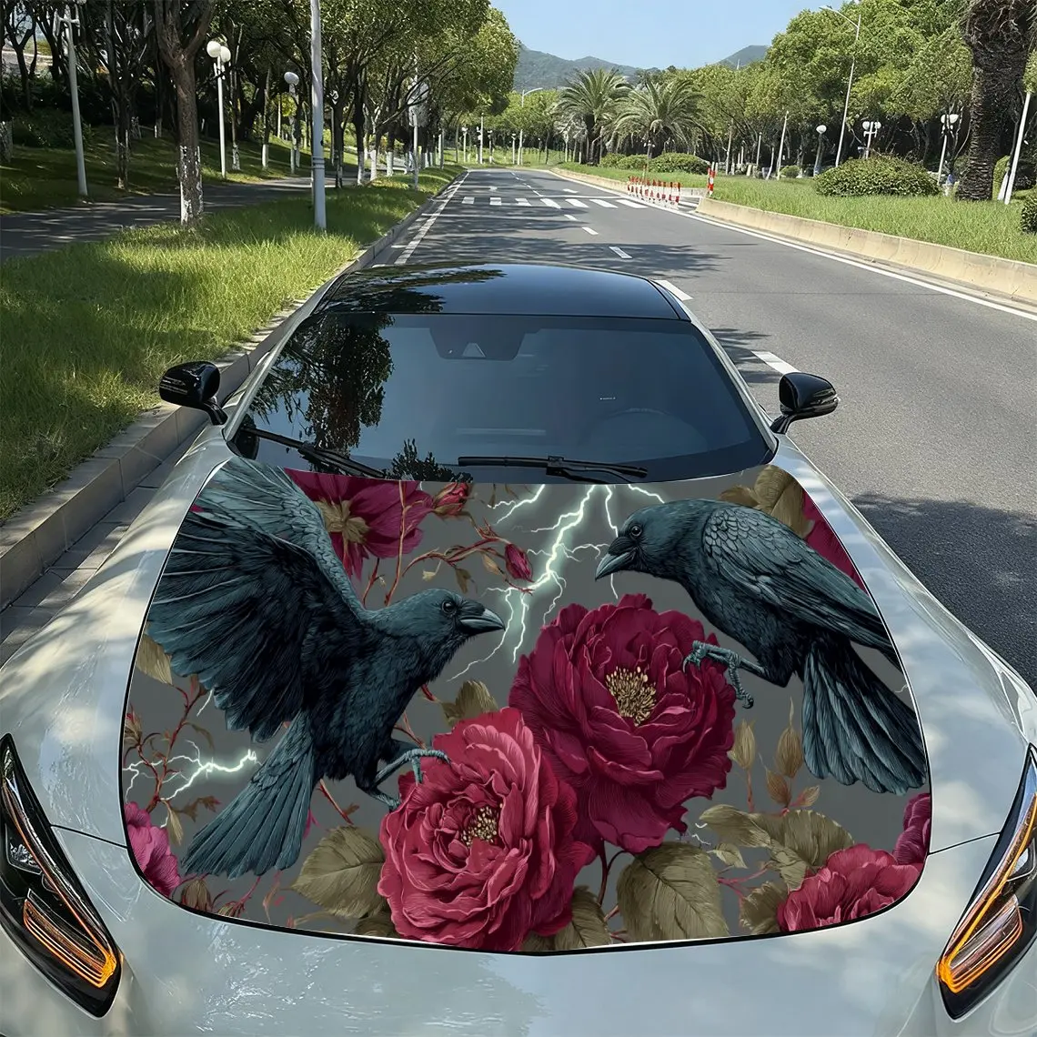 Rose Crow Lightning Gothic Art PVC Car Hood Wraps, Self-Adhesive Waterproof Car Bonnet Decal Sticker, Car Decoration Protection