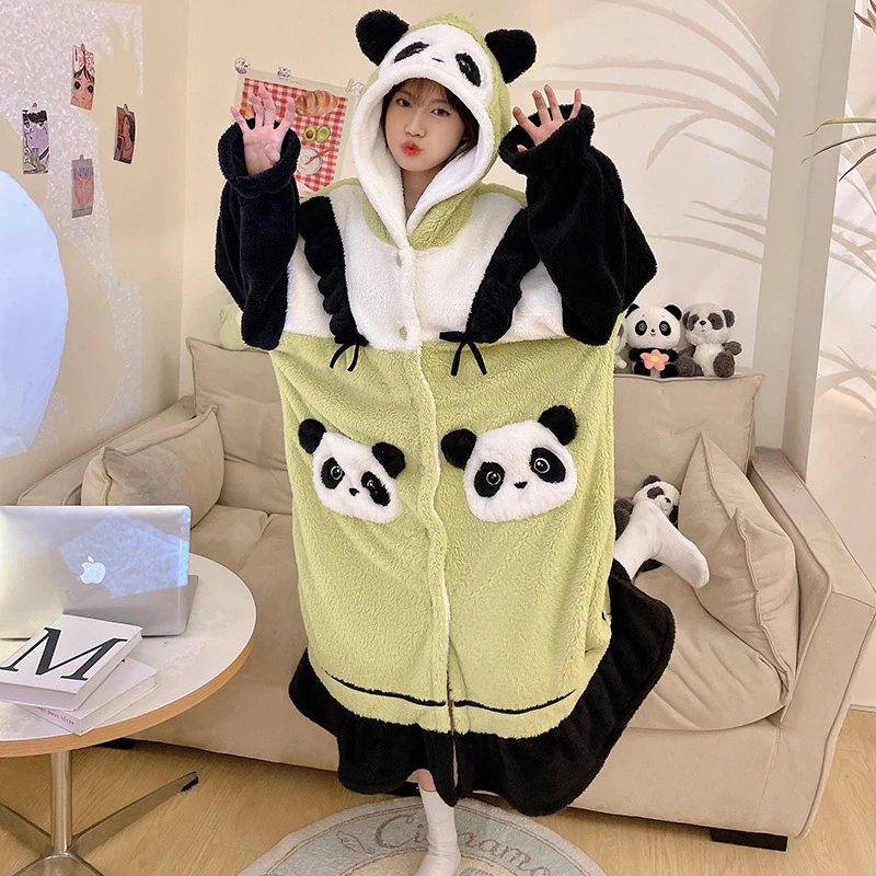 

Autumn And Winter New Coral Fleece Flange Hooded Nightdress Women's Loose Panda Cartoon Cute Stitching Warm Home Clothes