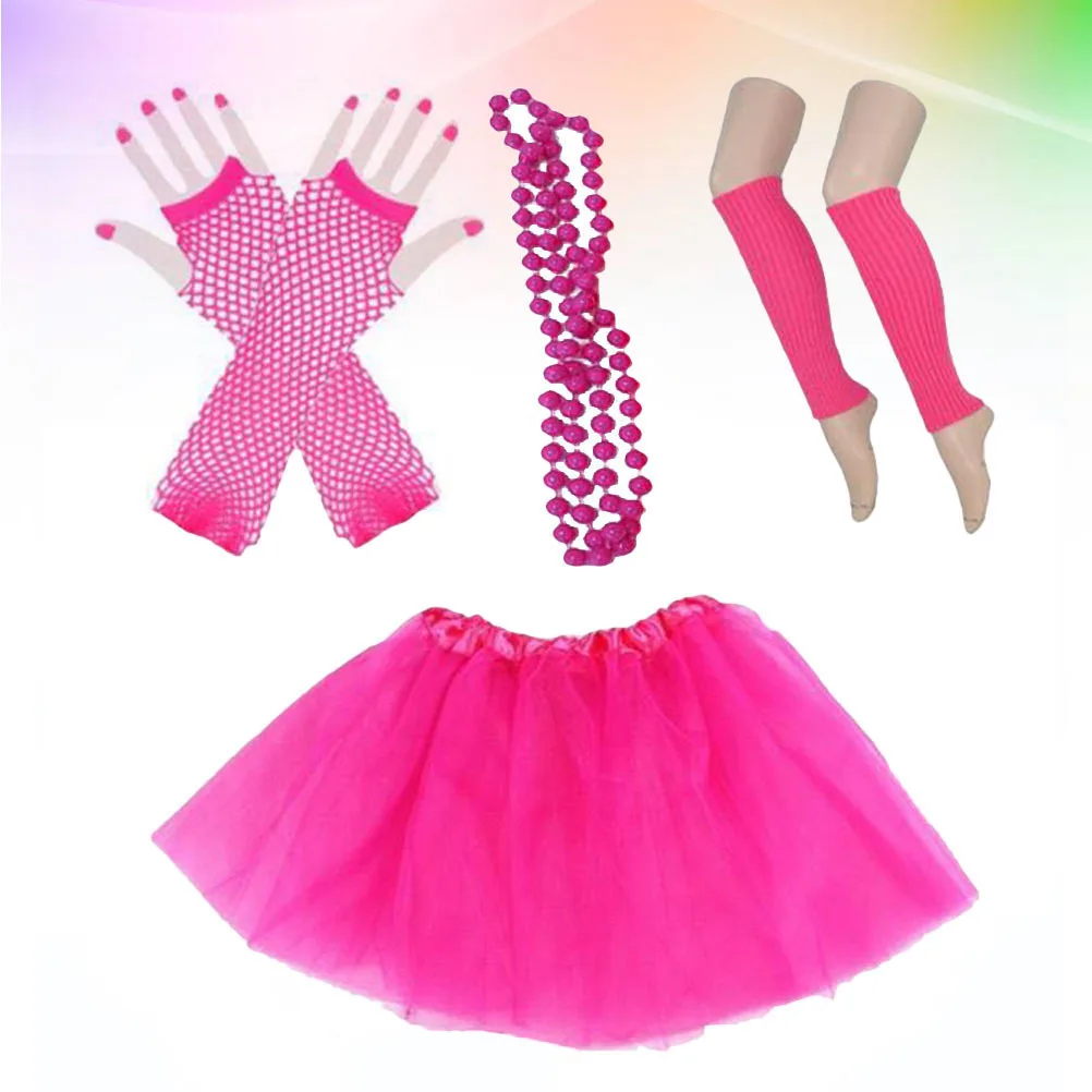 

80S Party Costume Accessories Set Lace Fingerless Gloves Leg Warmers Tutu Skirt Neon Bead Necklace For Halloween Disco Dance