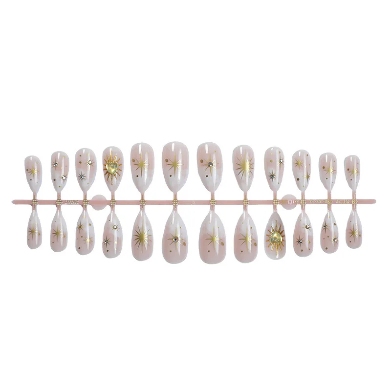 24pcs Heart-shaped Gemstone Press on Nail Sun Star Almond Artificial Fake Nails Seamless Removable False Nail