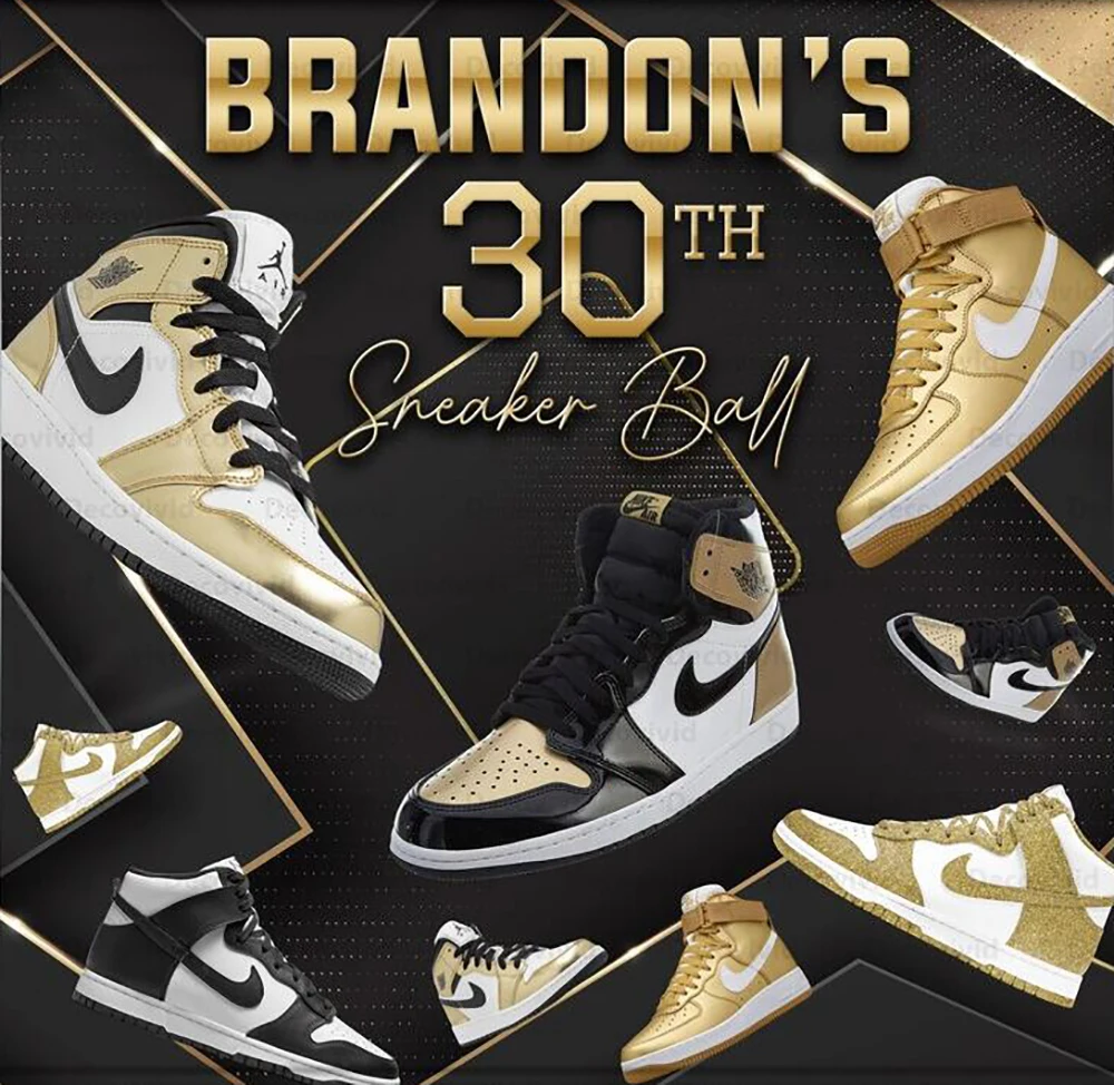 Custom Gold Black Sneaker Ball  Shoes Modern 30th Birthday photo backdrop party photography backgrounds