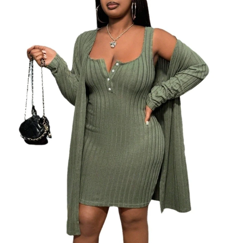 Two Piece Sets Women Dress Set Mid Length Dresses Matching Sets Sling V Neck Vestidos Coats Open Stitch Y2k Streetwear Elegant