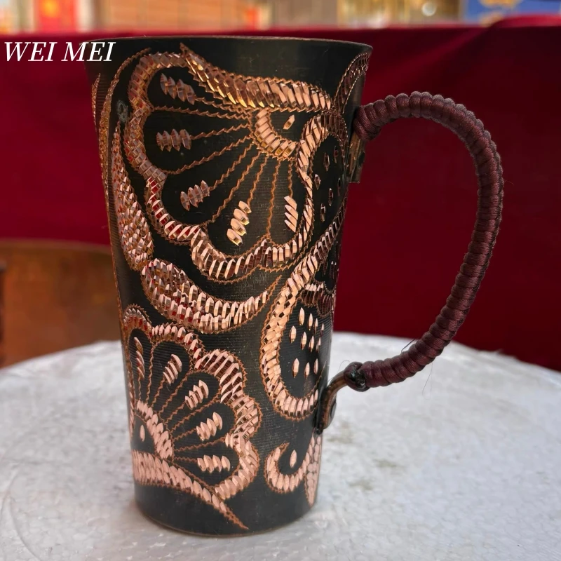 

Vintage Pure Copper Breakfast Coffee Cup,Unique Handcrafted Carving Art Texture Juice Mug,Woven Handle Home Tea Cup Tableware