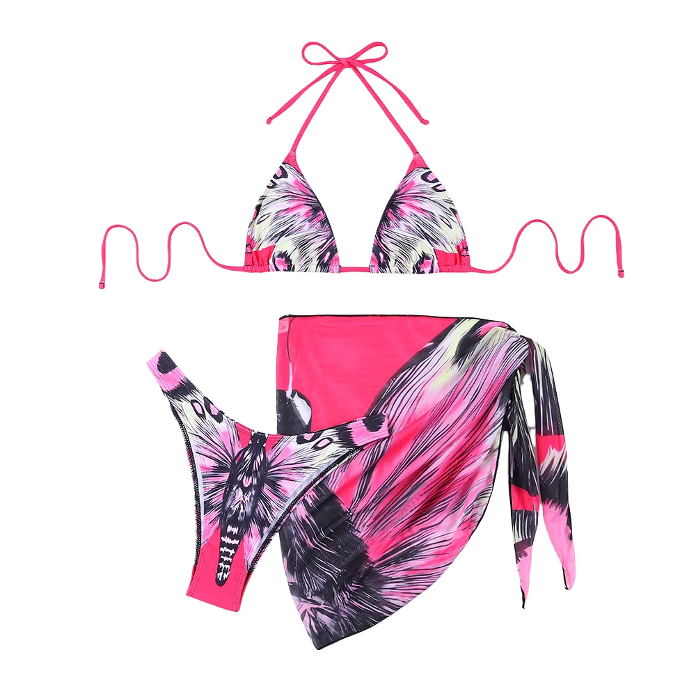 

2024 Women Butterfly Print Sexy Bikini Three Piece Swimsuit Triangle Bikinis Set Beach Dress Swimsuit Summer Women Swimwear
