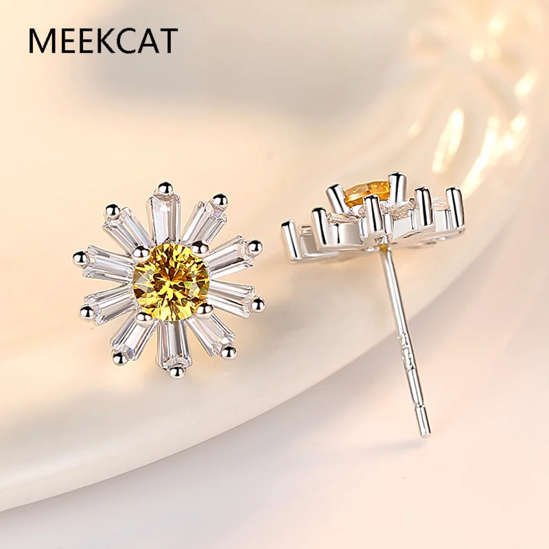 Round Natural Yellow Citrine 925 Sterling Silver Sun Flower Stud Earrings for Women Statement Fashion Gemstone Jewelry Gift