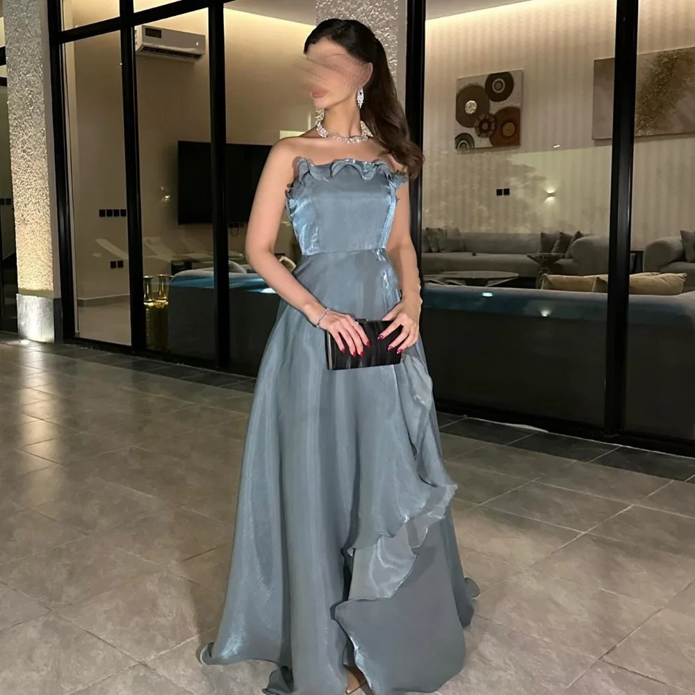 Customized Elegant Modern Style Satin Pleat Ruched A-line Strapless Long Dresses Cocktail Dresses Matching Fashion Casual Classi