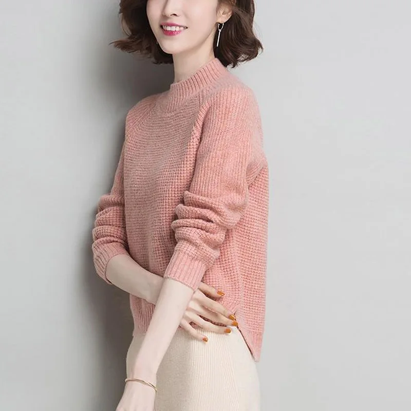 Women Autumn Winter Solid Color Plush and Thicken Sweaters New High-quality Long Sleeve Mock Neck Split Fork Knitting Bottoming