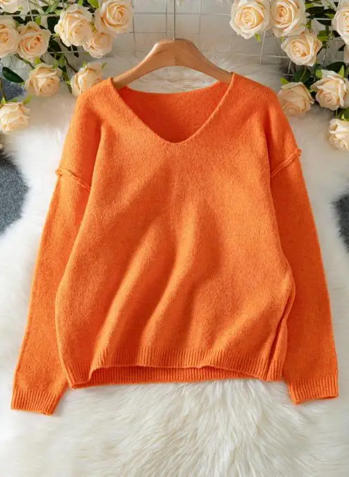 

Women's Deep V-Neck Pullover Sweater Casual Loose Long Sleeve Knitted Fashionable Autumn Winter 2025