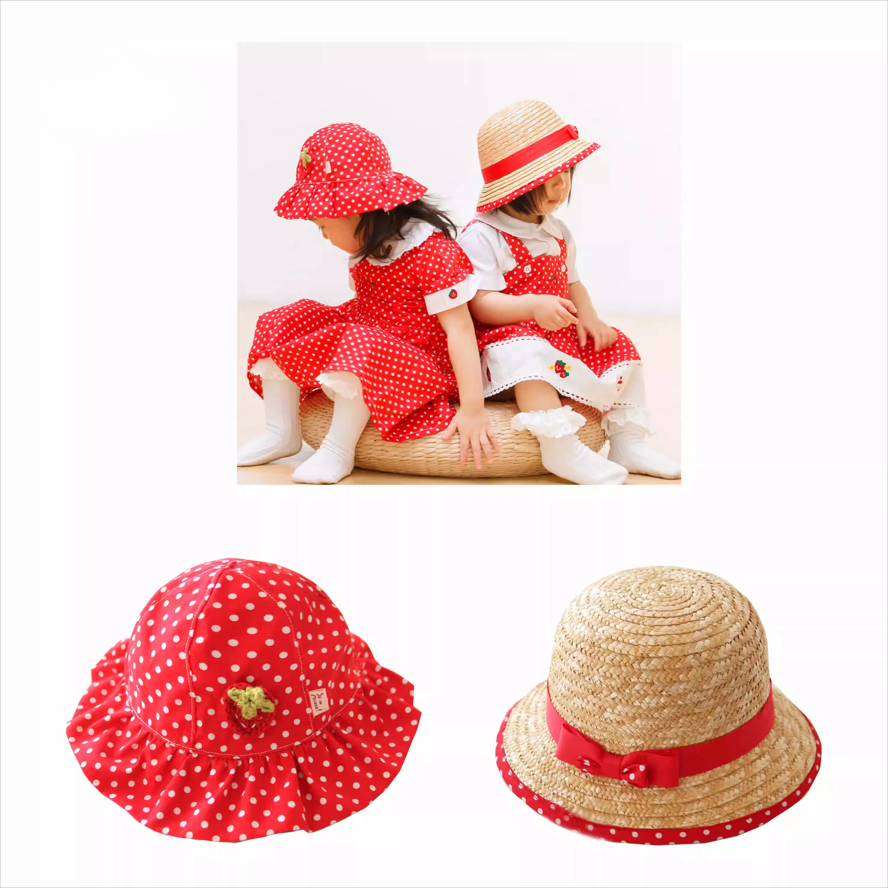 

Baby Sun Hats Red Polka Dot Strawberry Bucket Hat + Straw Bowler Hat for Toddler Girls Summer Beach UV Protection Infant Caps