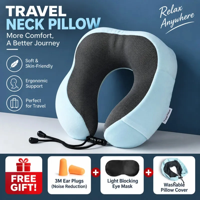 U-Shape Neck Pillow Portable Memory Foam Slow Rebound Travel Cushion, Neck Support Pillow Airplane Office Birthday Holiday Gift