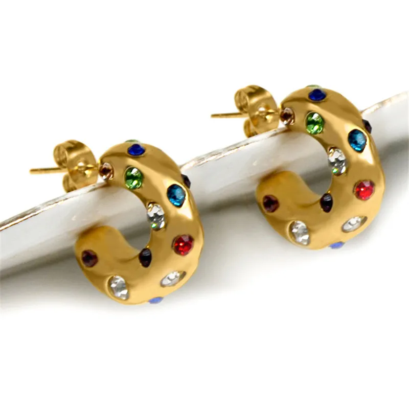 316L Golden Stainless Steel with Colorful Zircon Shaped Hammer Pattern C Earrings Fashion Vintage Earrings