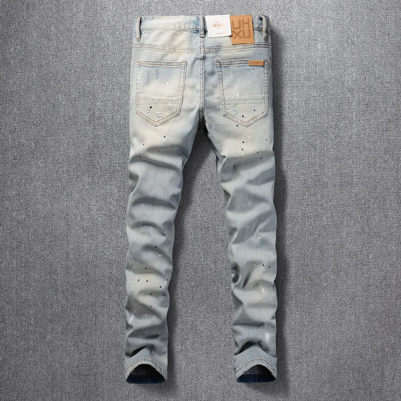Streetwear Fashion Men Jeans Retro Washed Light Blue Stretch Slim Fit Painted Ripped Jeans Men Vintage Designer Denim Pants