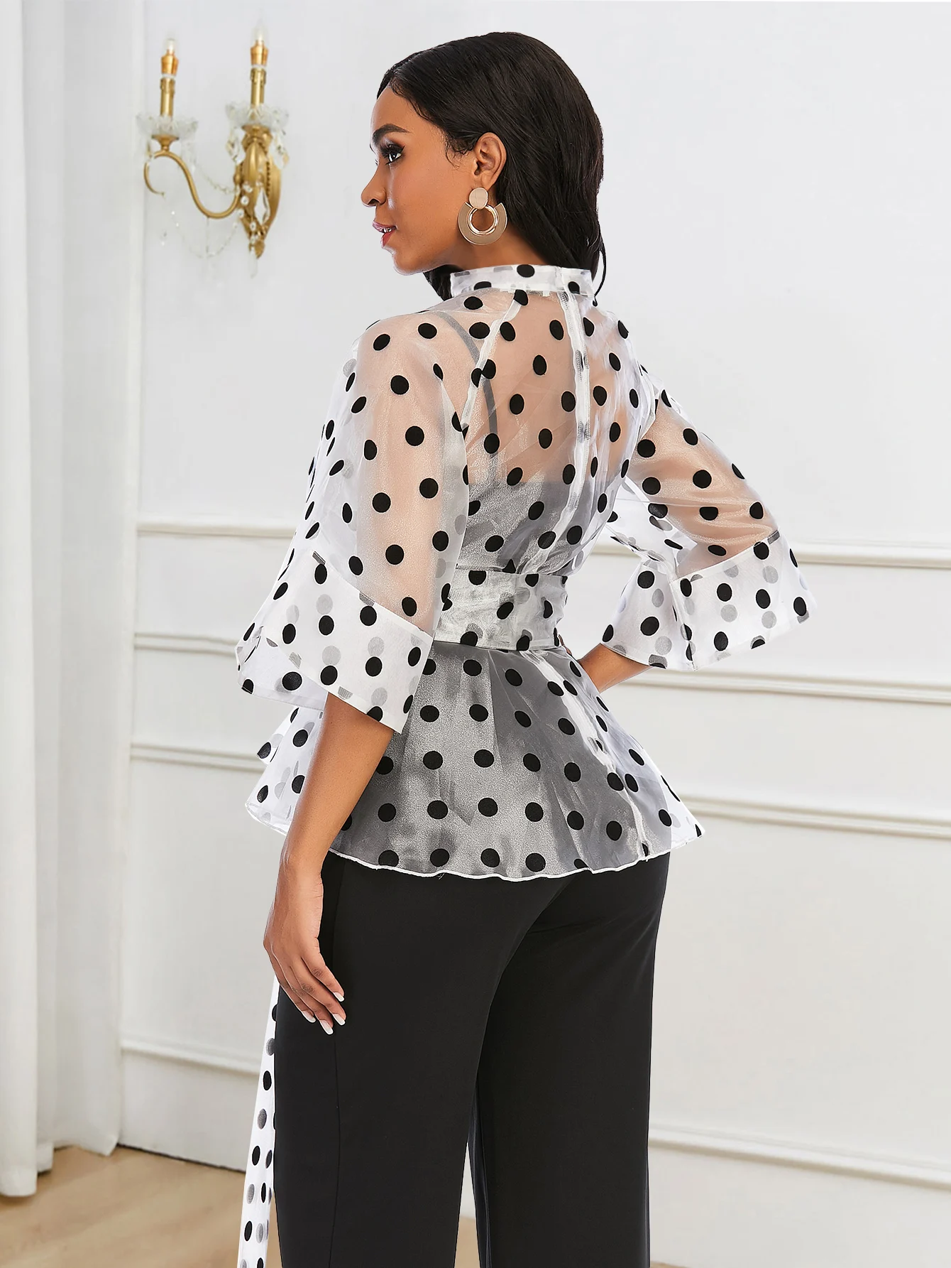 White Organza Tops Half Sleeve Polka Dot Sexy See Through Blouse Evening Cocktail Party Event Pullover Shirts for Ladies 2024