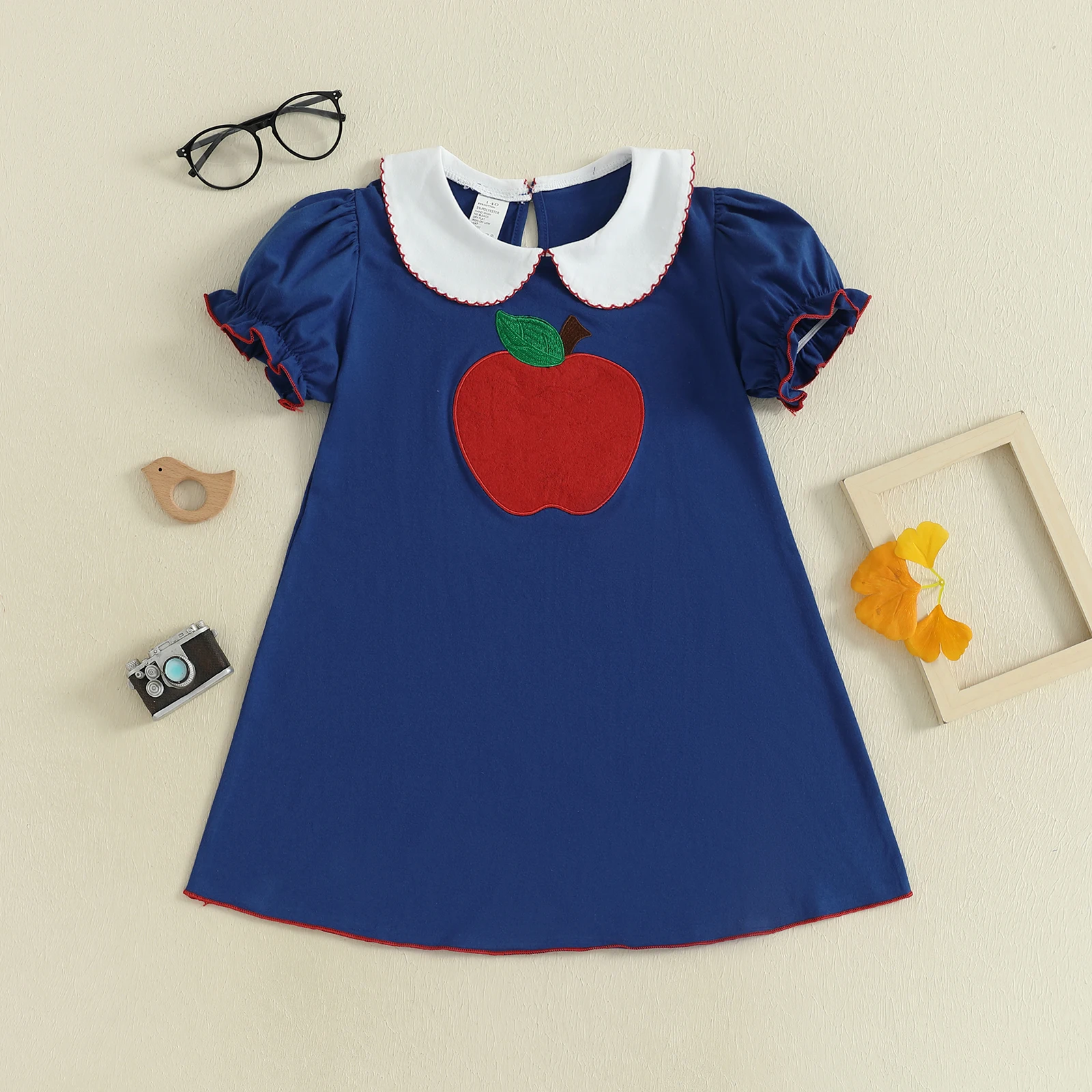 Lioraitiin Kleinkind Baby Mädchen Back to School Kleid Apfel Stickerei Puppenkragen Kurze Ärmel A-Linie Kleid